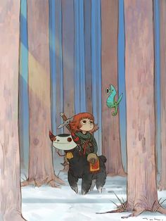 a girl is walking through the woods with a cat on her back and a bird flying over her shoulder