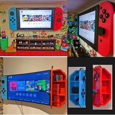 several different pictures of video game controllers and shelves with games on the wall behind them