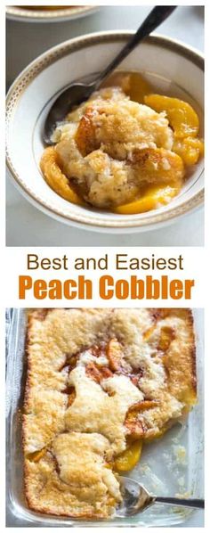 peach cobbler in a white dish with text overlay
