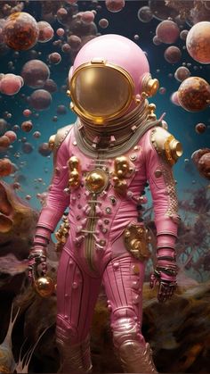 a pink space suit is standing in front of an underwater scene