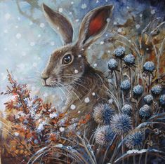 a painting of a rabbit surrounded by flowers