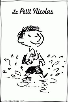 a black and white drawing of a boy running in the rain