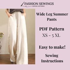 wide leg summer pants sewing pattern xs - 5xl easy to make sewing instructions