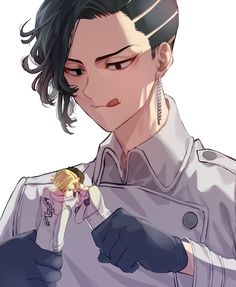 an anime character with black hair wearing gloves and holding a cell phone in his hand