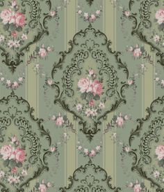 a green wallpaper with pink flowers and scrolls on the side, in an ornate pattern