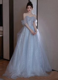 Light Blue Tulle Off Shoulder Beaded Party Dress, A-line Tulle Blue Fo – Cutedressy Beaded Party Dress, Color Rush, Blue Dress Formal, Dress Occasion, Blue Evening Dresses, Blue Tulle, Vestidos Prom, Tulle Prom Dress, Prom Dresses Blue