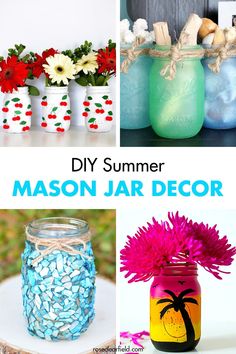 A round-up of DIY summer mason decor projects! Easy homemade seasonal decor ideas for an entryway, living room, or kitchen. Perfect for any budget. #DIY #masonjars #masonjardecor #masonjarcraft Seasonal Decor Ideas, Mason Jar Craft Ideas, Jars Crafts, Mason Jar Ideas, Burlap Mason Jars, Craft Projects For Adults, Mason Jar Decor, Summer Diy Projects, Upcycled Projects