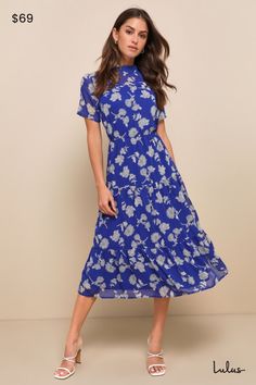 Get a lovely look for an evening out with the Lulus Floral Dressed Up Royal Blue Floral Print Midi Dress! Elegant cream and black floral print embellished lightweight woven chiffon as it forms a mock neck (with back button closure), sheer decolletage and short sleeves, and a darted bodice. Elastic waist tops a tiered skirt that flows to a modest midi length. Pair with strappy heels and a clutch for the perfect date night 'fit! Fit: This garment fits true to size. Length: Mid-calf length. Size me Midi Dress Elegant, Casual Summer Wear, Used Dresses, The Perfect Date, Perfect Date Night, Tiered Skirts, Winter Color, Black Floral Print, Floral Print Midi Dress