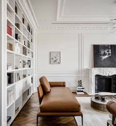 a living room filled with lots of furniture and bookshelves next to a fire place