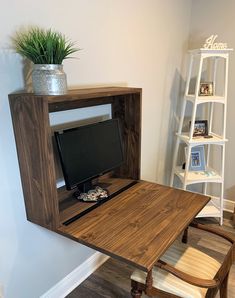 a wooden desk with a computer monitor on it