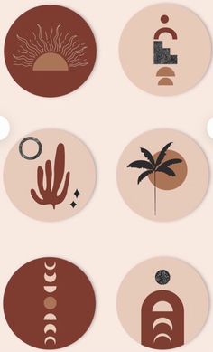 six circles with different types of symbols on them, all in brown and beige colors