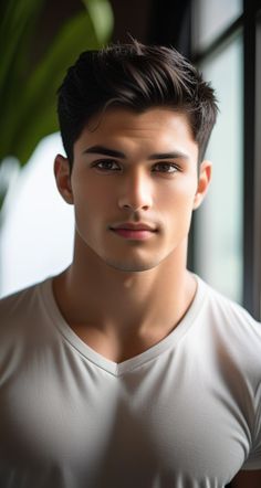 a young man is posing in front of a window with his eyes wide open and looking at the camera