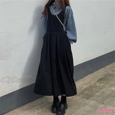 Qteee - Professional Attire: Elegant A-Line Suspender Skirt Set in Pure Color Long Dress Korean, Alledaagse Outfits, Mode Hijabi, Korean Dress, Long Black Dress, Modest Fashion Outfits, Overall Dress, Long Dresses, Japanese Fashion