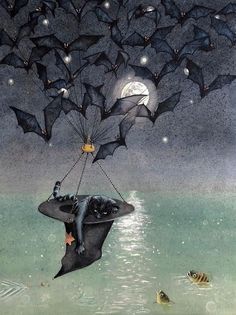 a painting of a man floating in the water with bats flying over him