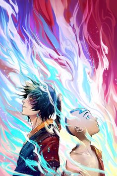 two anime characters standing next to each other in front of a fire and water background