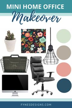 an office chair and desk with the words, mini home office makeover on it