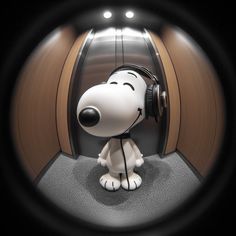 a cartoon dog with headphones is listening to music in front of an elevator door