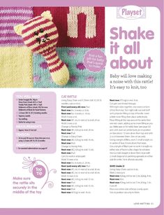 a knitted toy with the words shake it all about written in pink and white