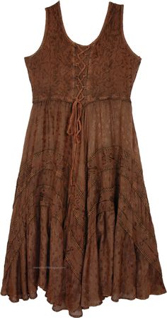 An all-season sleeveless rayon tank dress with heavy embroidery is exactly what you need for your capsule wardrobe! With its neutral earthy tone, the dress suits all and looks very flattering, especially with the lacing styling in the front.  The beautiful lace work is alongside the stylized panels. #tlb #Lace #Tall #Misses #Peasant #vacationclothing #Fall #bohemianfashion #MedievalDress #RenaissanceDress #WesternDress #embroidereddress De Stijl, Brown Peasant Dress, The Little Bazaar Dress, Earthy Witch Outfits, Modern Hippie Fashion, Kitchen Living Rooms, Modern Home Decor Ideas, Cinnamon Coffee, Hippie Dress