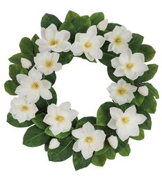 a wreath with white flowers and green leaves