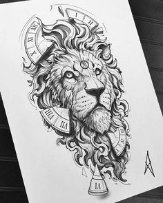 a drawing of a lion with a clock on it's face and an arrow in its mouth