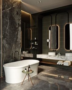 a large bathroom with marble walls and flooring, including a bathtub in the center