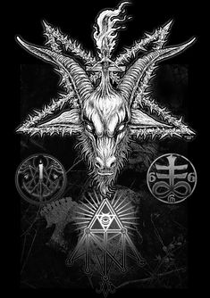 a goat with horns and other symbols on it's face, in black and white