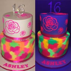 two cakes decorated with different designs and numbers