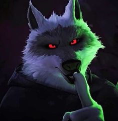 an evil wolf with glowing red eyes in the dark