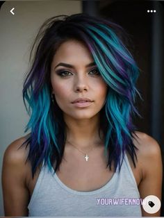 Blonde With Teal Highlights, Cool Hair Color Ideas For Brunettes, Blue And Purple Hair Highlights, Easy Hair Color Ideas, 2024 Short Hair, Blue Shadow Root, Unique Haircuts For Long Hair, Popular Hairstyles For 2024, Side Parting Hairstyles