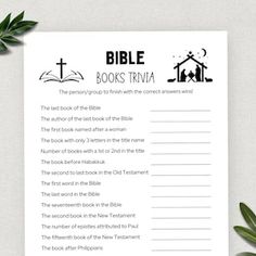 a printable bible book trivia with an image of a church and cross on it