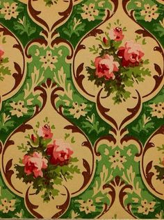 an old wallpaper with pink flowers and green leaves on the bottom half of it