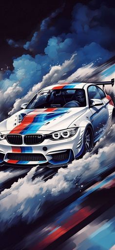 a painting of a white car driving through the clouds with blue and red stripes on it