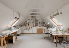 an attic kitchen with lots of clutter on the counter tops and counters in it