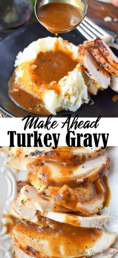turkey gravy is being drizzled over mashed potatoes on a plate