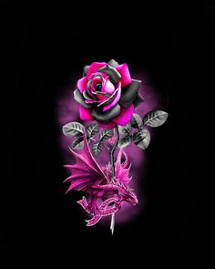 a pink rose with a dragon on it's side in front of a black background