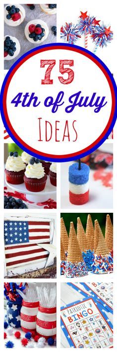 an american flag themed party with red, white and blue cupcakes on the table