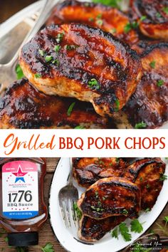 grilled bbq pork chops on a white plate