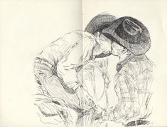 a pencil drawing of two men working in the grass with their hands on each other's knees