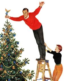 a painting of a man on a ladder reaching for a bird that is perched on top of a christmas tree
