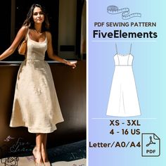 a woman in a white dress standing next to a wall with the text, sewing pattern five elements xs - 3xl 4 - 16 us