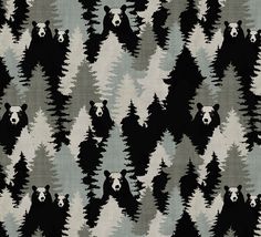 a black and white bear pattern with trees in the foreground, on a gray background