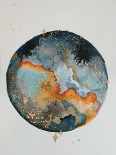 a painting of a blue and orange planet with stars on it's side, in the middle of a white background