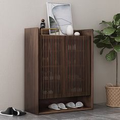 a wooden cabinet with shoes on the floor next to a potted plant and basket