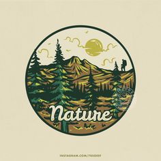 the logo for nature with trees and mountains in the background, as well as an image of