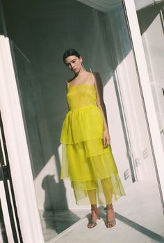 LAURENCE TIERED SILK ORGANZA MIDI DRESS | CHARTREUSE – Kamperett Organza Midi Dress, Organza Dresses, Vibrant Fashion, Neckline Dress, Silk Slip, Silk Organza, Guest Outfit