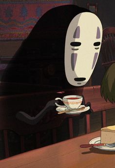 an animated image of a person holding a plate with food in front of them and a mask hanging from the ceiling
