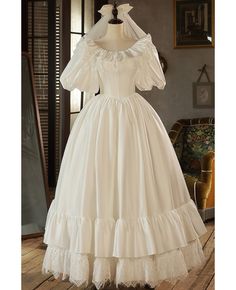 Buy vintage princess style ivory satin lace baby collar wedding dress bubble sleeved at wholesale price online. Free shipping and pro custom service since 2009. Puff Sleeve Vintage Wedding Dress, Beautiful Princess Wedding Dresses, Wedding Tea Dress, Vintage Southern Wedding Dress, Victorian Style Wedding Dress Vintage, Colonial Wedding Dress, 1850s Dress Ball Gowns, Wedding Dress Poofy Sleeves, 60 Wedding Dress