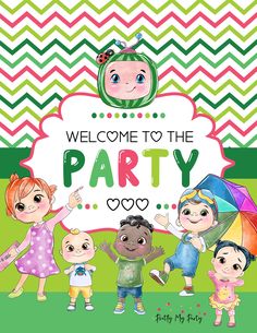 the welcome to the party card features children with umbrellas