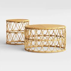 two tables made out of wicker sitting next to each other